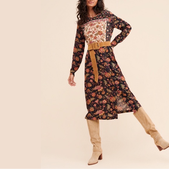 Anthropologie x Kachel Mixed Floral Print Long-Sleeve Midi Dress Black Sz 2 EUC - Picture 14 of 16